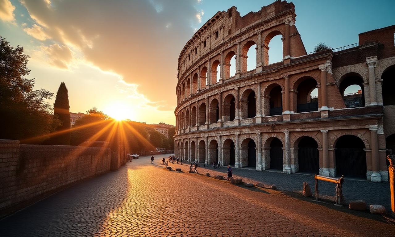 Tramonto romano al Colosseo con luci soffuse